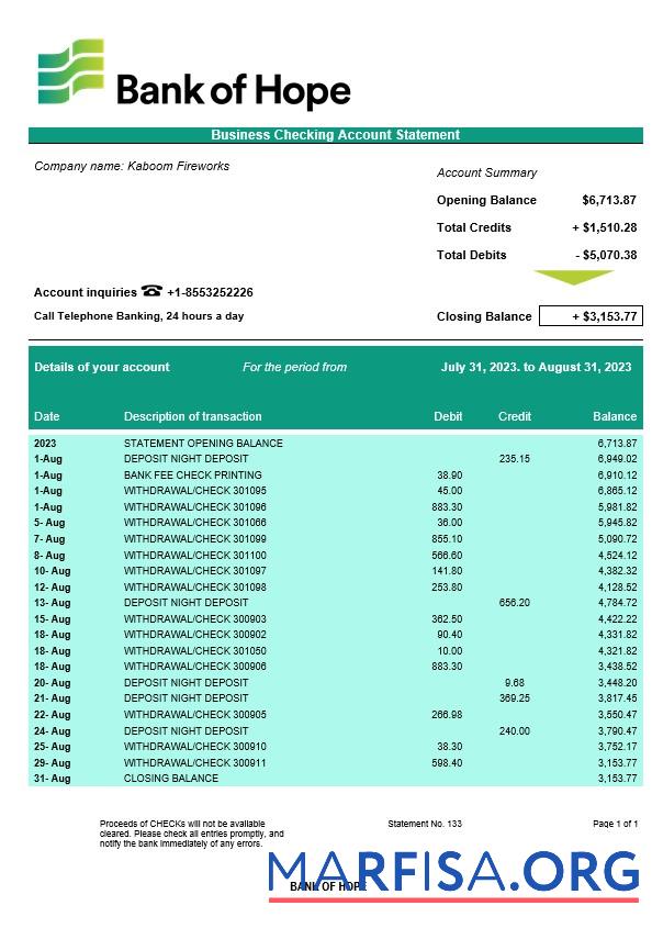 Downloadable Bank of Hope company checking account statement Word and PDF template